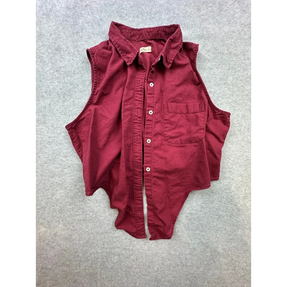 Hollister Womens Medium Burgundy Sleeveless Tie Front Button Down Cropped Shirt